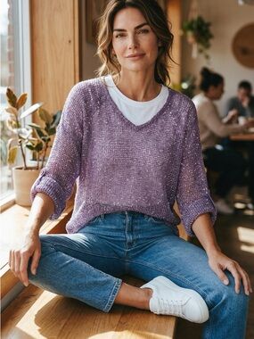 Katie Todd - Sz L - Lightweight Lavender V-Neck Knit Sweater - cotton mesh